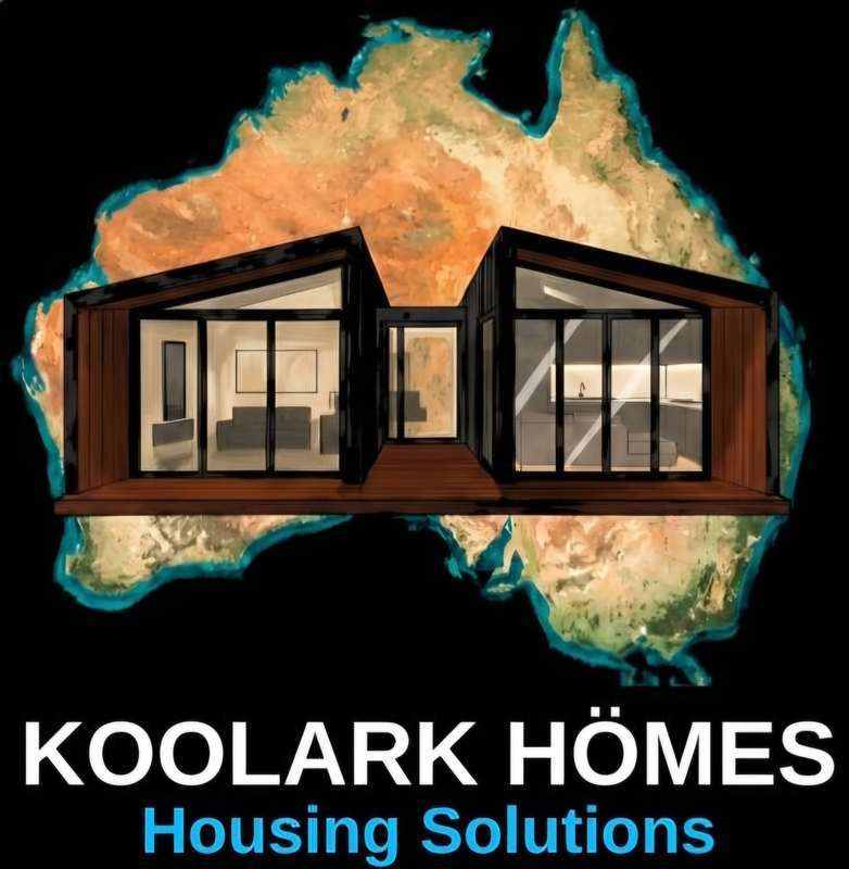 KOOLARK HOMES Housing Solutions concept graphic showing two modular-home forms over a map of Australia