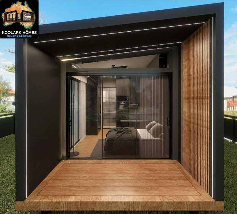 KOOLARK HOMES branded concept visual of a compact modular bedroom opening to a timber deck