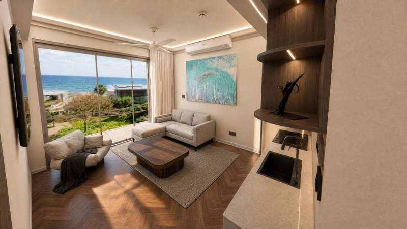 Chic Rustic modular living and kitchen with warm brown timber finishes, premium lighting and an ocean outlook — KOOLARK HOMES