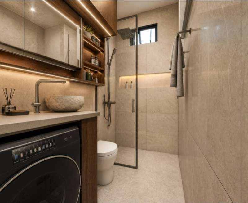 Concept visual of a compact modular bathroom and laundry layout with shower, basin and washing machine — KOOLARK HOMES