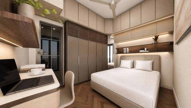 Concept visual of a compact modular bedroom with desk, storage and premium joinery — KOOLARK HOMES