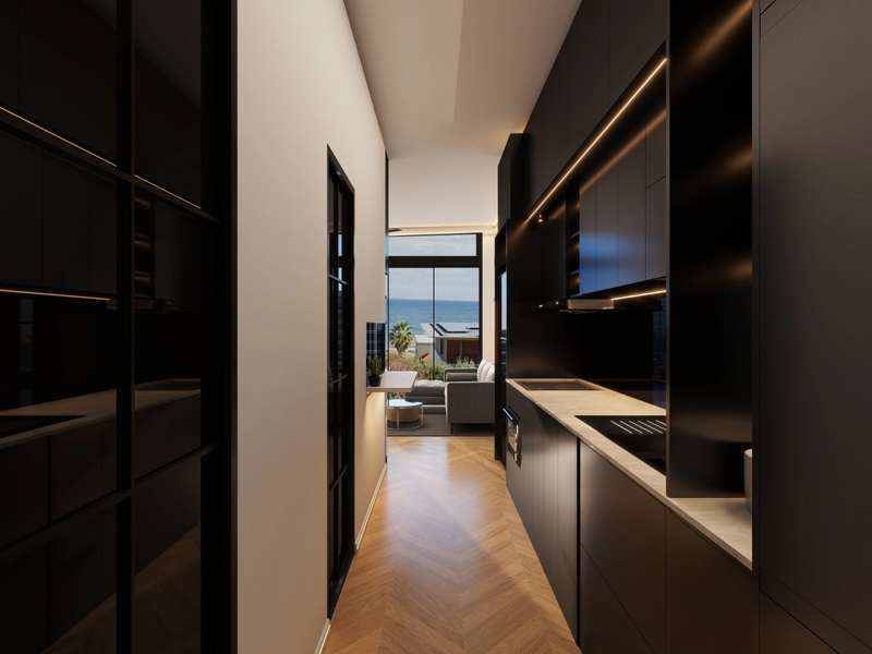 Concept visual of a dark premium modular kitchen with ocean outlook — KOOLARK HOMES