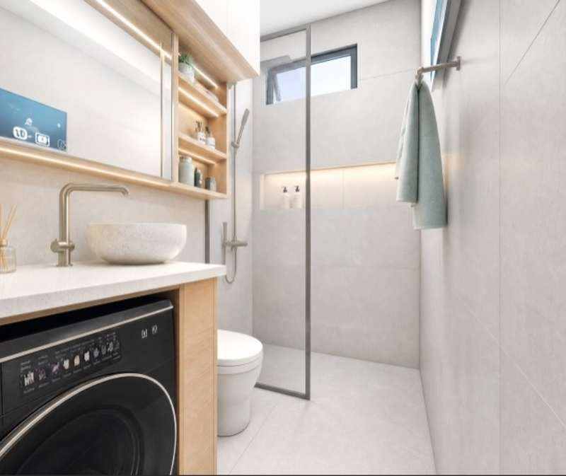 Concept visual of a light-toned compact modular bathroom and laundry — KOOLARK HOMES