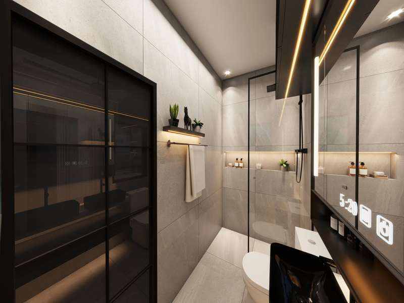 Concept visual of a luxury modular bathroom with shower, lighting and integrated storage — KOOLARK HOMES