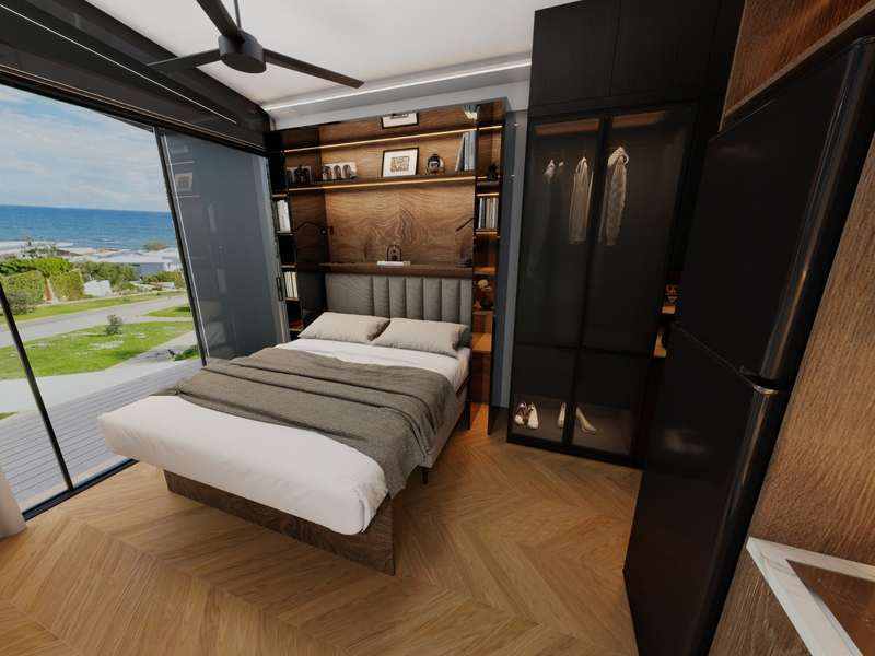 Concept visual of a premium modular bedroom with integrated storage and ocean outlook — KOOLARK HOMES