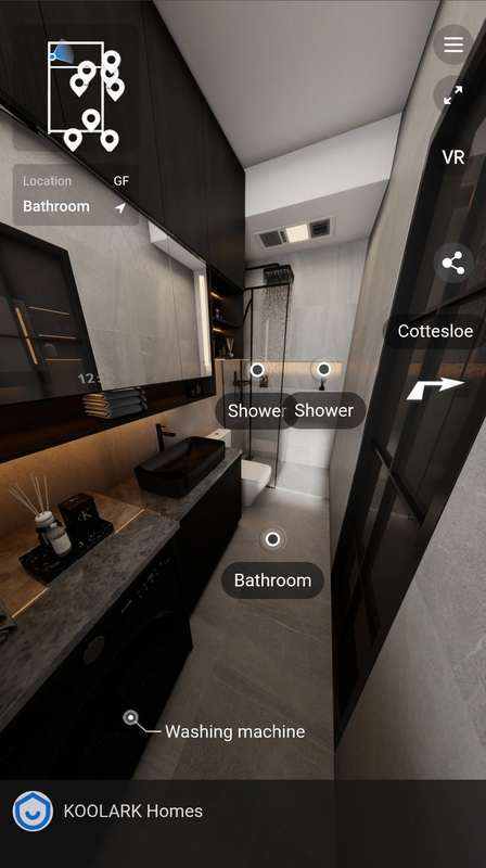 KOOLARK HOMES Cottesloe virtual-reality walkthrough showing a bathroom and laundry layout