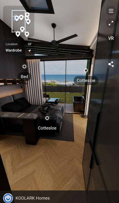 Screenshot from the KOOLARK HOMES Cottesloe virtual-reality walkthrough showing a bedroom and ocean-view interior