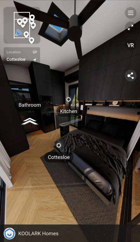 KOOLARK HOMES Cottesloe virtual-reality walkthrough showing bedroom, kitchen and bathroom navigation labels