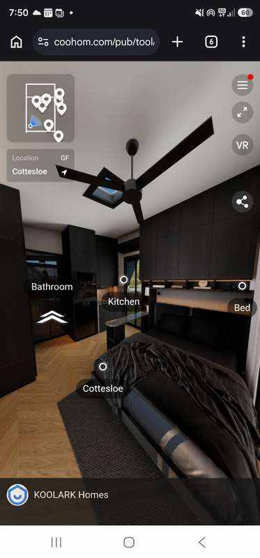 Screenshot from the KOOLARK HOMES Cottesloe virtual-reality walkthrough showing bedroom, kitchen and bathroom locations