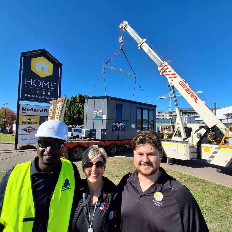 NJ Construction, Mariesa from the 10X Grant Cardone Network and Aurelion, and Rynhardt from PerthGrow–Aurelion during lifting operations at Homebase Subiaco