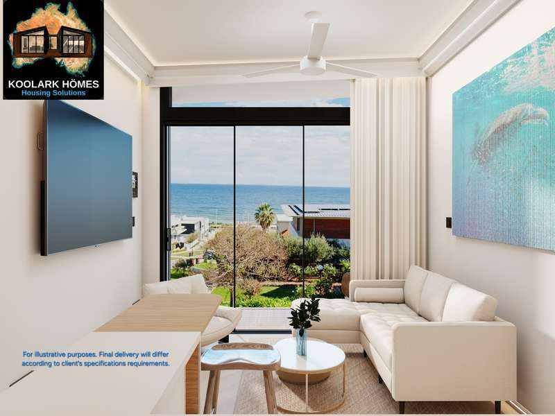 Illustrative KOOLARK HOMES coastal modular living interior; final delivery varies according to client specifications