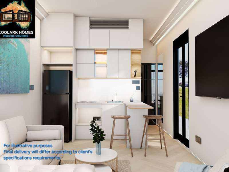 Illustrative KOOLARK HOMES compact modular kitchen and living space; final delivery varies according to client specifications