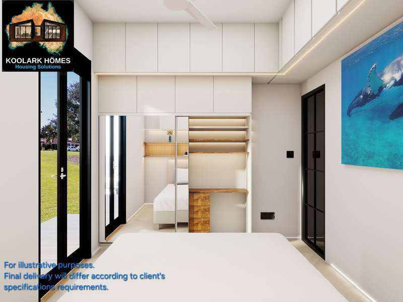 Illustrative KOOLARK HOMES modular bedroom joinery; final delivery varies according to client specifications