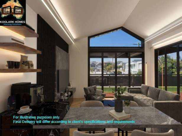 KOOLARK HOMES illustrative living-room concept with prominent final-delivery disclaimer
