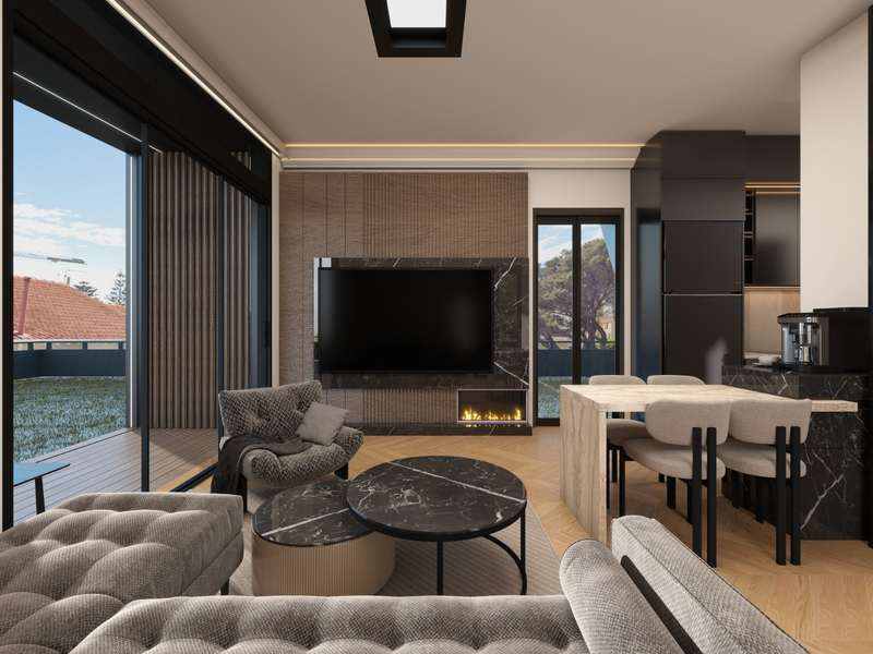 KOOLARK HOMES premium interior concept with black marble fireplace, kitchen island and large glazing