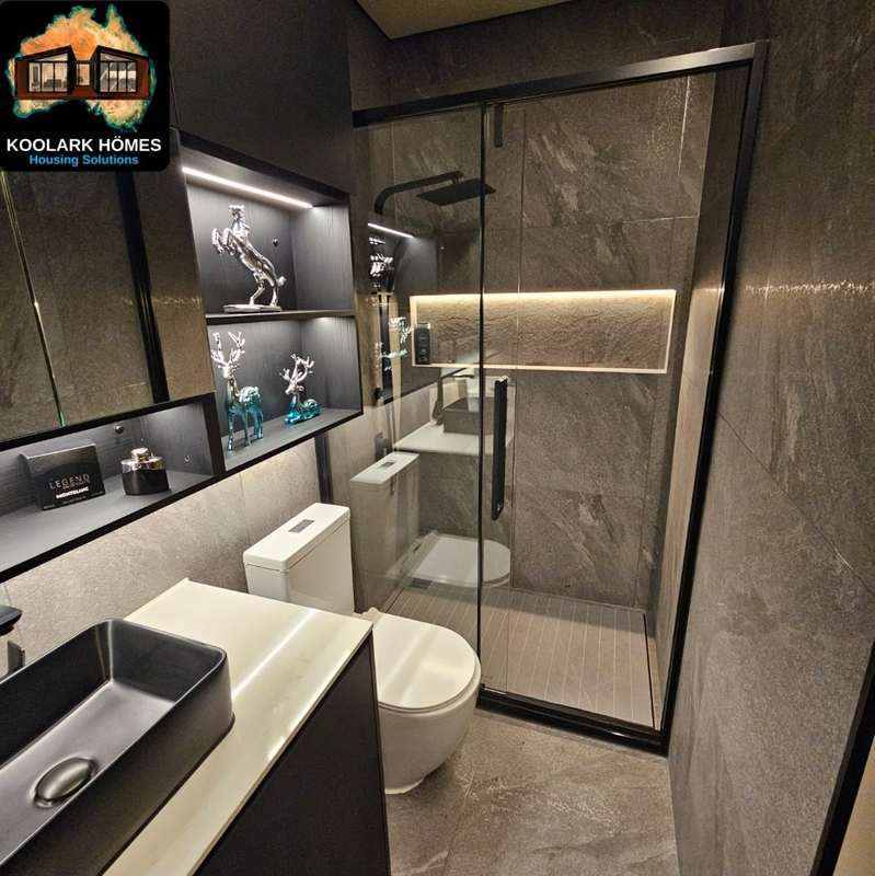 Premium dark modular bathroom in a KOOLARK HOMES high-end modular home