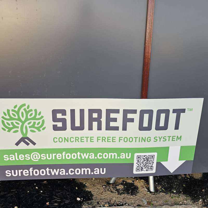 Surefoot Concrete Free Footing System sign in a KOOLARK HOMES display-site partner context